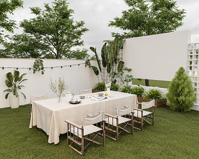 Outdoor Garden Landscape With Lawn Dining Table Chairs Green Plants And String Lights White Wall 3d model