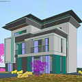 Modern Detached Villa Exterior With Swimming Pool Large Windows And Greenery