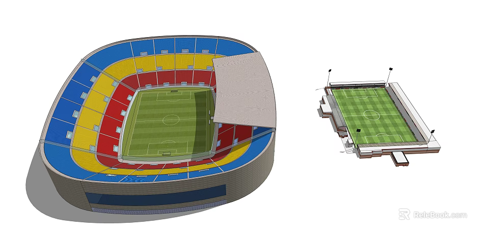 Football Stadium Aerial View With Colored Seats Green Pitch And Roof Structure 3d model 