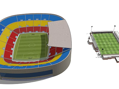 Football Stadium Aerial View With Colored Seats Green Pitch And Roof Structure 3d model