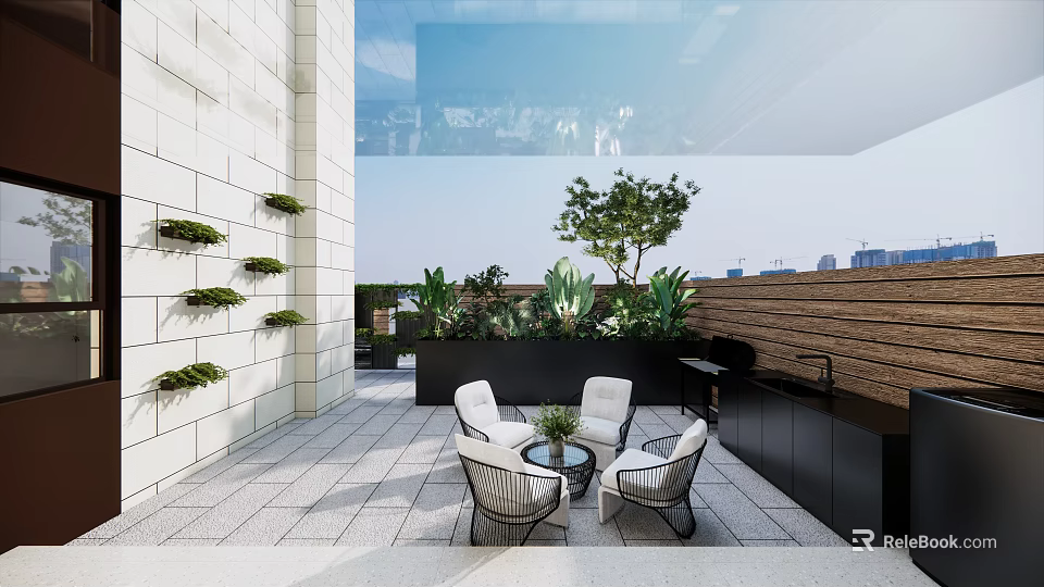 Terrace Garden Landscape With Vertical Green Wall Stone Pavement White Chairs And City Skyline 3d model 