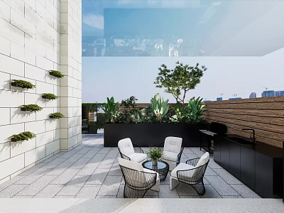 Terrace Garden Landscape With Vertical Green Wall Stone Pavement White Chairs And City Skyline 3d model