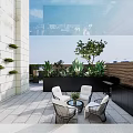 Terrace Garden Landscape With Vertical Green Wall Stone Pavement White Chairs And City Skyline
