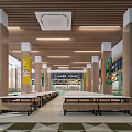 Spacious Modern Cafeteria Interior With Long Tables Wooden Columns And Ceiling Lighting 3d model