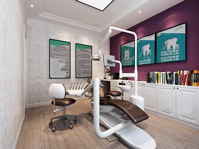Modern Dental Clinic Interior Featuring Treatment Chair Stool Elephant Posters And Cabinets 3d model