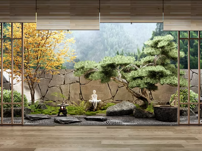 Japanese Courtyard Garden Design With Stone Wall Pine Tree And Buddha Statue 3d model