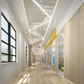 Modern Office Hallway With Natural Light Wooden Walls And Geometric Ceiling Lines