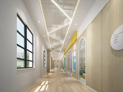 Modern Office Hallway With Natural Light Wooden Walls And Geometric Ceiling Lines 3d model