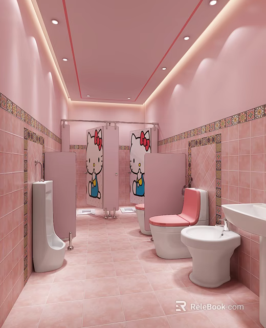 Pink Themed Public Restroom Featuring Hello Kitty Decor Tiled Walls And Pink Toilets 3d model 
