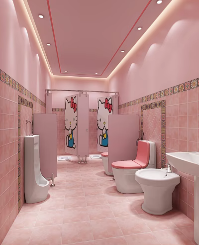 Pink Themed Public Restroom Featuring Hello Kitty Decor Tiled Walls And Pink Toilets 3d model