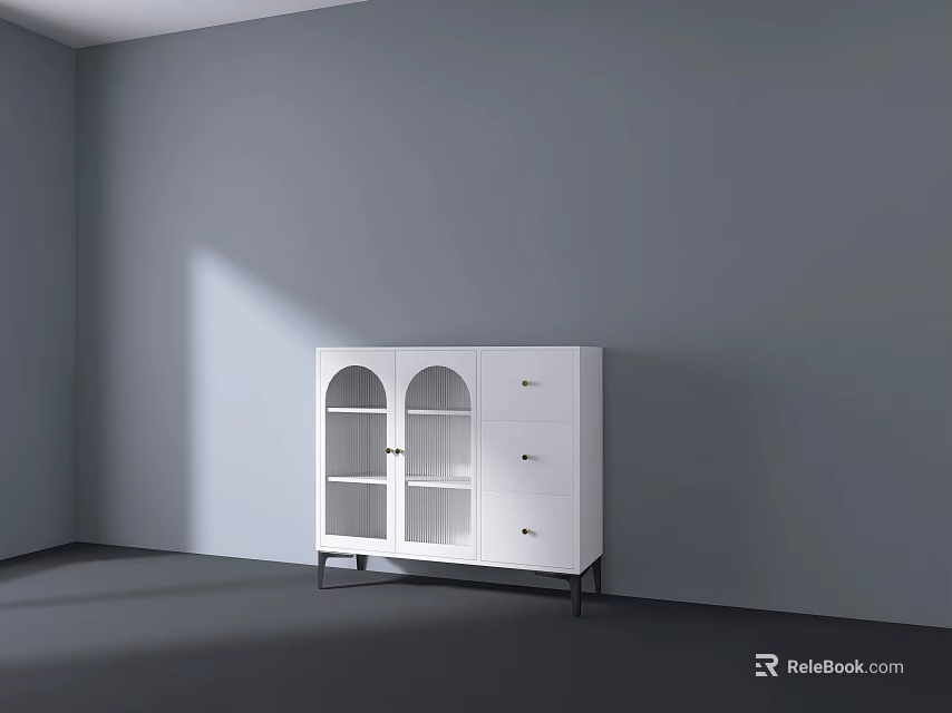 Modern White Sideboard With Arched Glass Doors Drawers And Gray Wall Setting 3d model 
