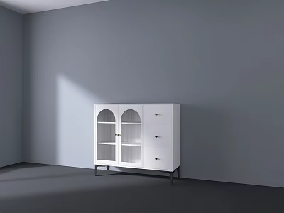 Modern White Sideboard With Arched Glass Doors Drawers And Gray Wall Setting 3d model