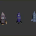 Copper Purple Blue Space Rocket Models With Shiny Surface On Gray Background