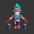 Animated Game Character With Turquoise Hair Shark Mouth Mask Colorful Outfit And Small Purple Sidekicks