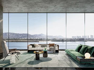 Modern Sofa And Coffee Table Set With Beige Green Sofas Lake Mountain View Large Windows 3d model