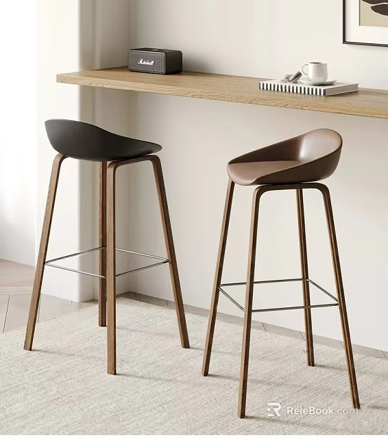 Modern Black And Brown Bar Stools With Wooden Legs For Kitchen Bar Area 3d model 