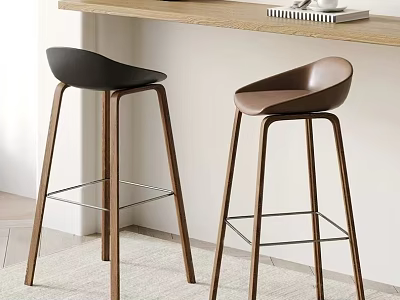 Modern Black And Brown Bar Stools With Wooden Legs For Kitchen Bar Area 3d model