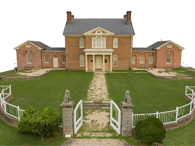 Historic Red Brick House With Two Chimneys Lawn White Fence Gate And Stone Lion Statues 3d model