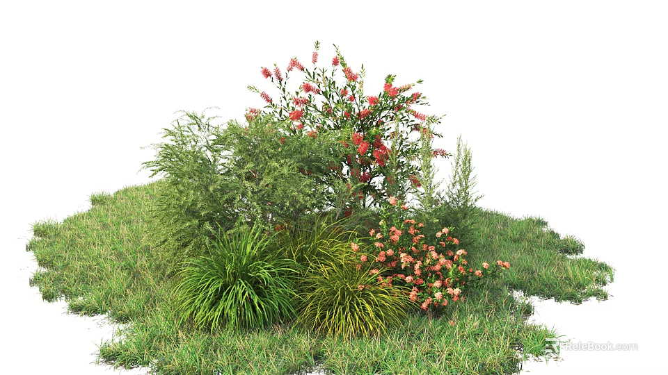 Colorful Flowering Shrubs in Garden Landscape with Green Grass and Pink Red Blooms 3d model 