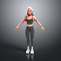 Child Standing On Gray Background With White Hair Black Sports Vest Leggings And White Sneakers