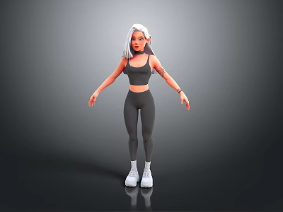 Child Standing On Gray Background With White Hair Black Sports Vest Leggings And White Sneakers 3d model