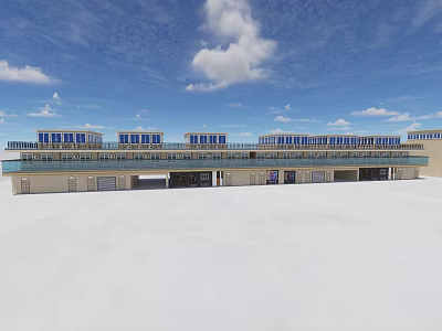 Modern Commercial Building Exterior With Multiple Windows And Open White Ground Under Blue Sky 3d model