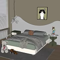 Kids Bed with White Headboard Gray Green Bedding Stuffed Toy Side Table and Cat Painting