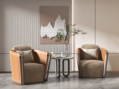 Modern Brown Leisure Sofa Combination With Side Table Vase Plant Striped Wall And Artwork 3d model