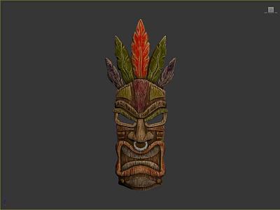 Handcrafted Traditional Wooden Mask With Feather Decorations For Cultural Clothing Accessories 3d model