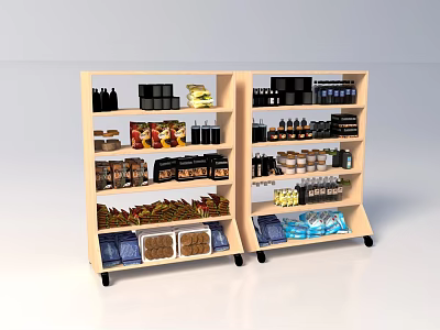 Wooden Retail Display Shelves With Various Packaged Food Items And Beverage Bottles 3d model