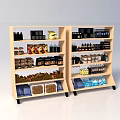 Wooden Retail Display Shelves With Various Packaged Food Items And Beverage Bottles