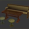 Public Wooden Bench With Woven Seat And Matching Table Stools