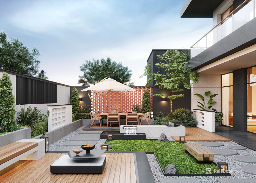 Courtyard Garden Design With Wooden Deck Outdoor Dining Set And Green Plants 3d model 