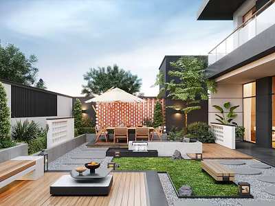 Courtyard Garden Design With Wooden Deck Outdoor Dining Set And Green Plants 3d model