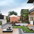 Courtyard Garden Design With Wooden Deck Outdoor Dining Set And Green Plants