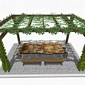 Outdoor Pergola With Vines Covering And Wooden Table Benches On Paved Floor