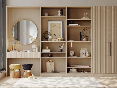 Elegant Modern Wooden Bookcase Interior With Decorative Items Mirror Stools And Rug 3d model