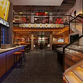 Vintage Restaurant Interior Design With Wooden Tables Chairs Pendant Lights And Staircase Partition