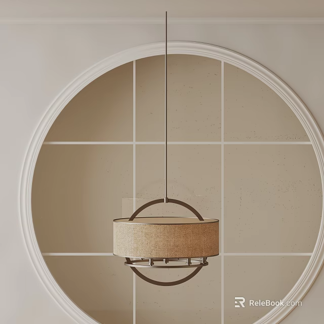 Circular Pendant Light With Beige Fabric Shade And Circular Frame On Light Grid Wall 3d model