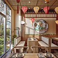 Traditional Chinese Restaurant Interior With Hanging Lanterns Wooden Decor And Green Plants