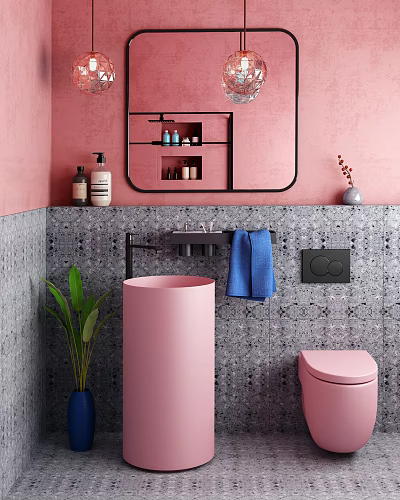 Pink Pedestal Sink with Gray Mosaic Tile Wall Black Mirror Blue Towel and Green Plant 3d model