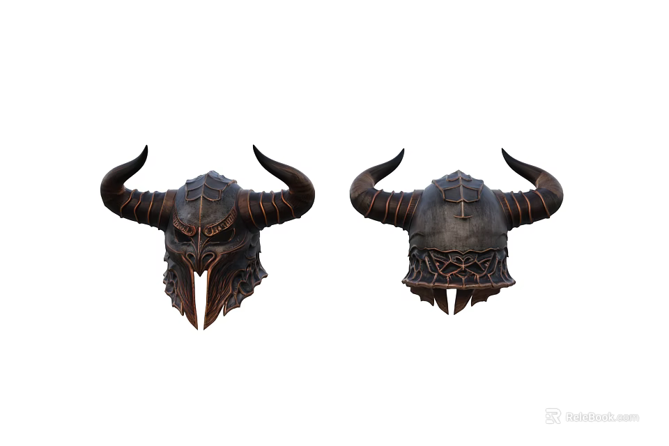 Two Horned Medieval Weapon Helmets With Intricate Metal Details And Decorative Horns 3d model 