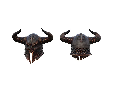 Two Horned Medieval Weapon Helmets With Intricate Metal Details And Decorative Horns 3d model