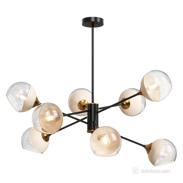 Modern Chandelier With Spherical Glass Shades Black Metal Frame And Golden Accents 3d model 