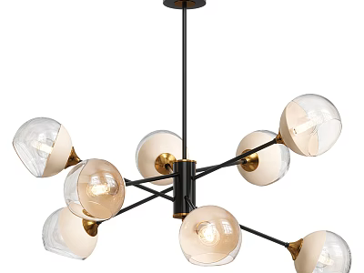Modern Chandelier With Spherical Glass Shades Black Metal Frame And Golden Accents 3d model