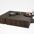 Modern Textured Wooden Coffee Table With Black Tray Green Plant Circular Table Candle Glass Vase