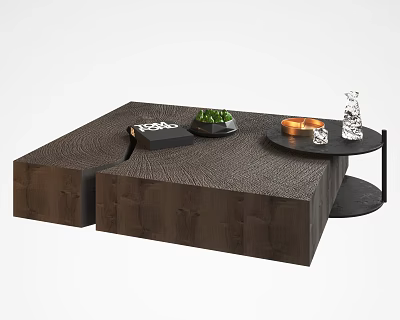 Modern Textured Wooden Coffee Table With Black Tray Green Plant Circular Table Candle Glass Vase 3d model
