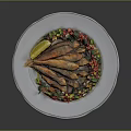 Fried Small Fish Served with Lemon Wedge and Colorful Vegetable Salad on White Plate