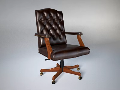 Brown Leather Office Chair With Button Tufted Backrest Wooden Armrests And Five Caster Wheels 3d model