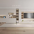 Modern White TV Stand Cabinet With Integrated Storage And LED Lights In Living Room